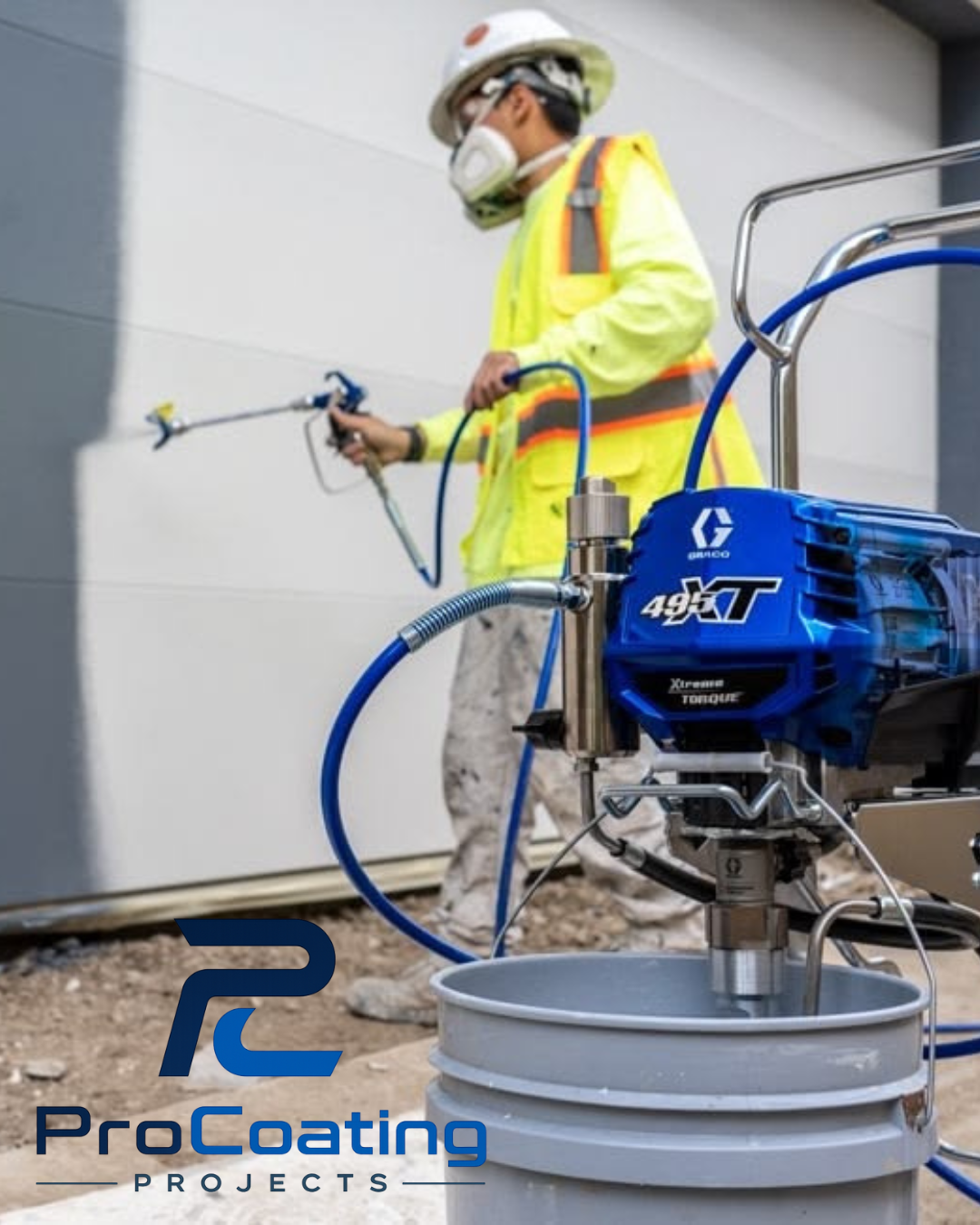 ProCoating operative spray-applying industrial coating on-site with Graco 495 XT airless system